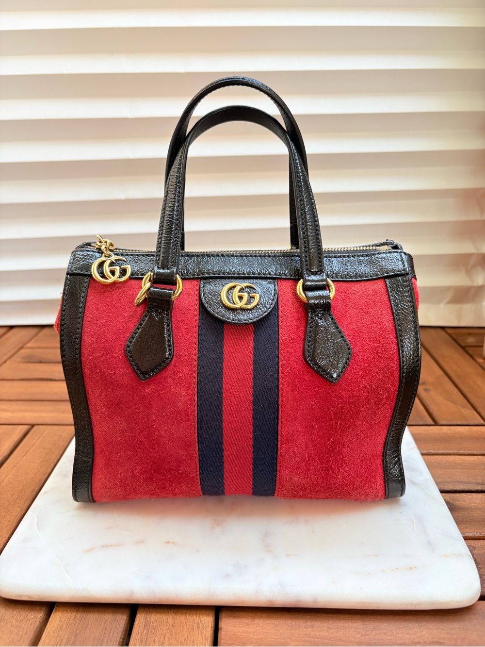 Gucci red suede small Ophidia top handle two way w/ Entrupy COA